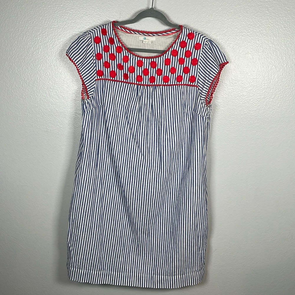 Boden blue & white striped Pom Pom linen blend tunic dress w/pockets size 14